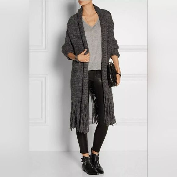 RAQUEL ALLEGRA Baby Alpaca Open Front Sweater Dark Gray, Bohemian Fringe | 3 XL - Picture 3 of 16